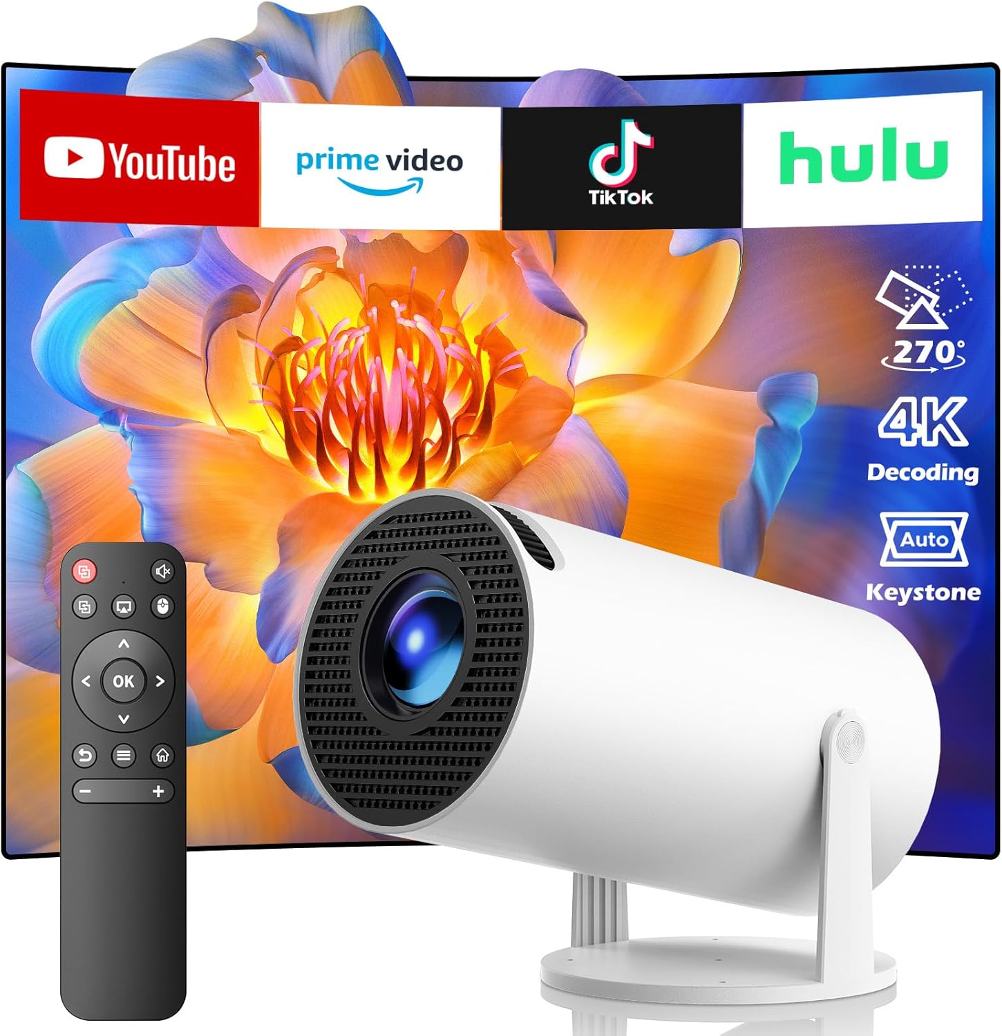 Projector with Wifi and Bluetooth, Mini Projector, 4K Support Android 11.0 Portable Movie Projector, 270° Rotation Automatic Vertical Keystone Correction, Compatible with Iphone/Tv Stick/Hdmi/Usb